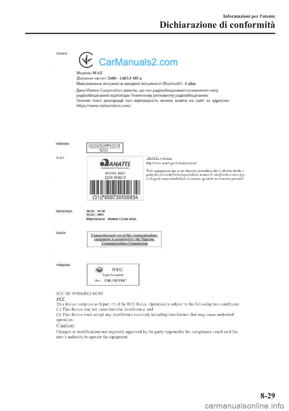 MAZDA MODEL 2 2019  Manuale del proprietario (in Italian) �,�Q�I�R�U�P�D�]�L�R�Q�L��S�H�U��O�
�X�W�H�Q�W�H
��L�F�K�L�D�U�D�]�L�R�Q�H��G�L��F�R�Q�I�R�U�P�L�W�j
����  