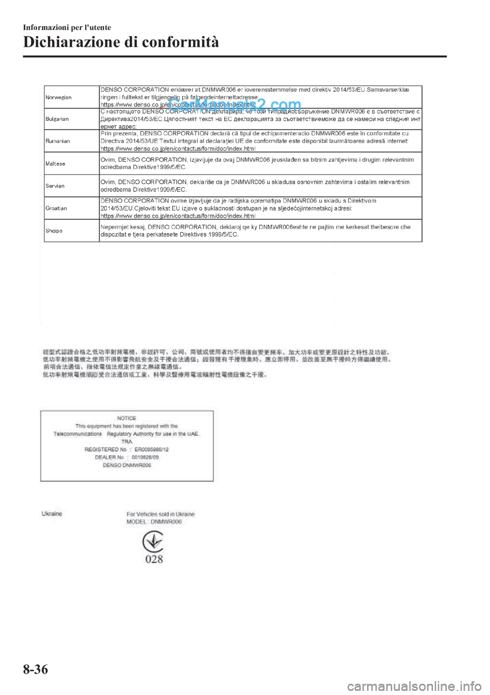 MAZDA MODEL 2 2019  Manuale del proprietario (in Italian) �,�Q�I�R�U�P�D�]�L�R�Q�L��S�H�U��O�
�X�W�H�Q�W�H
��L�F�K�L�D�U�D�]�L�R�Q�H��G�L��F�R�Q�I�R�U�P�L�W�j
����  
