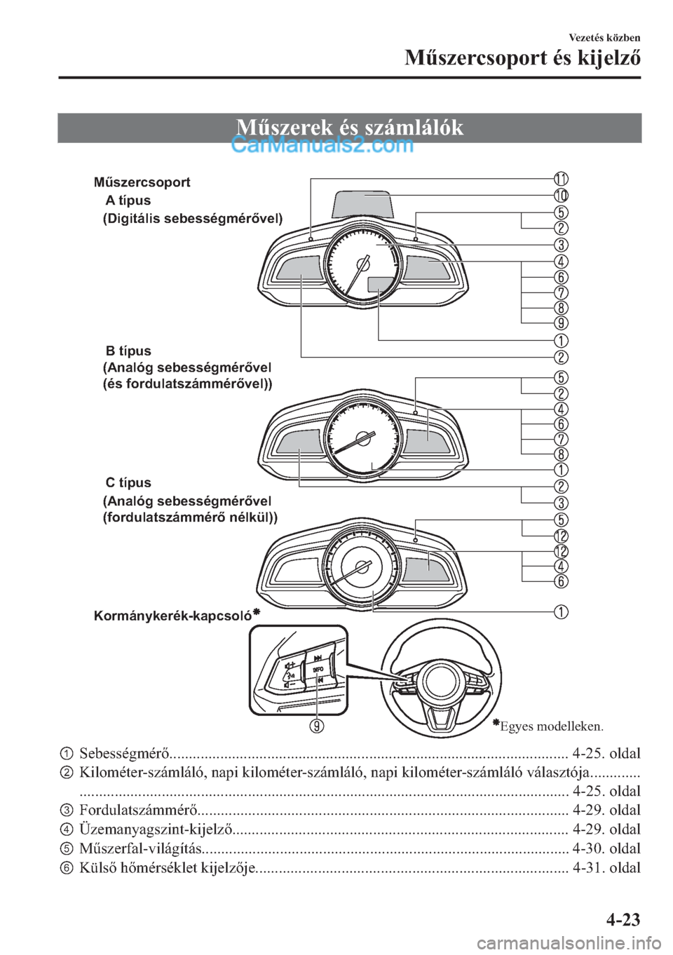 MAZDA MODEL 2 2019  Kezelési útmutató (in Hungarian) �0&�V�]�H�U�H�N��p�V��V�]�i�P�O�i�O�y�N
�
Egyes modelleken.
A típus
B típus
C típus 
Kormánykerék-kapcsoló (Digitális sebességmérővel)
 (Analóg sebességmérővel  
(és fordulatszámm