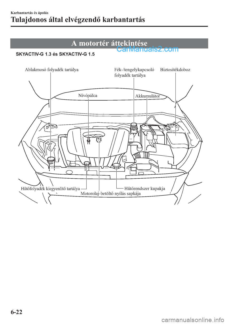 MAZDA MODEL 2 2019  Kezelési útmutató (in Hungarian) �$��P�R�W�R�U�W�p�U��i�W�W�H�N�L�Q�W�p�V�H
Ablakmosó folyadék tartálya Fék-/tengelykapcsoló 
folyadék tartálya
Nívópálca
Akkumulátor
Biztosítékdoboz
Hűtőrendszer kupakjaHűtőfolyadé