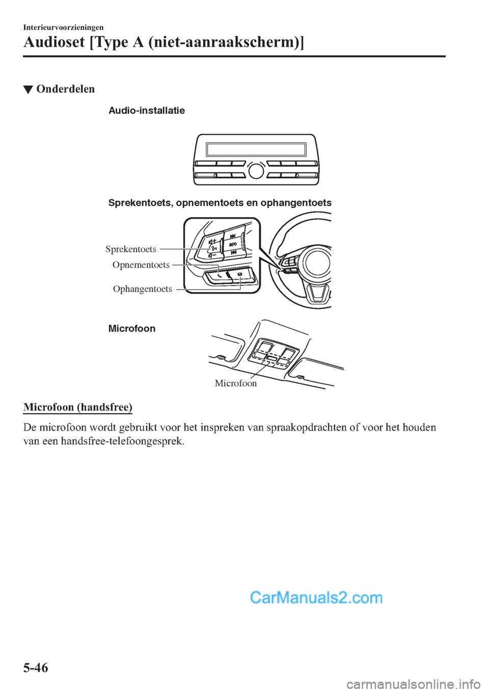 MAZDA MODEL 2 2019  Handleiding (in Dutch) ▼�2�Q�G�H�U�G�H�O�H�Q
Microfoon Sprekentoets, opnementoets en ophangentoets
Microfoon Audio-installatie
Sprekentoets
Ophangentoets Opnementoets
�0�L�F�U�R�I�R�R�Q���K�D�Q�G�V�I�U�H�H�
��H��P�L�