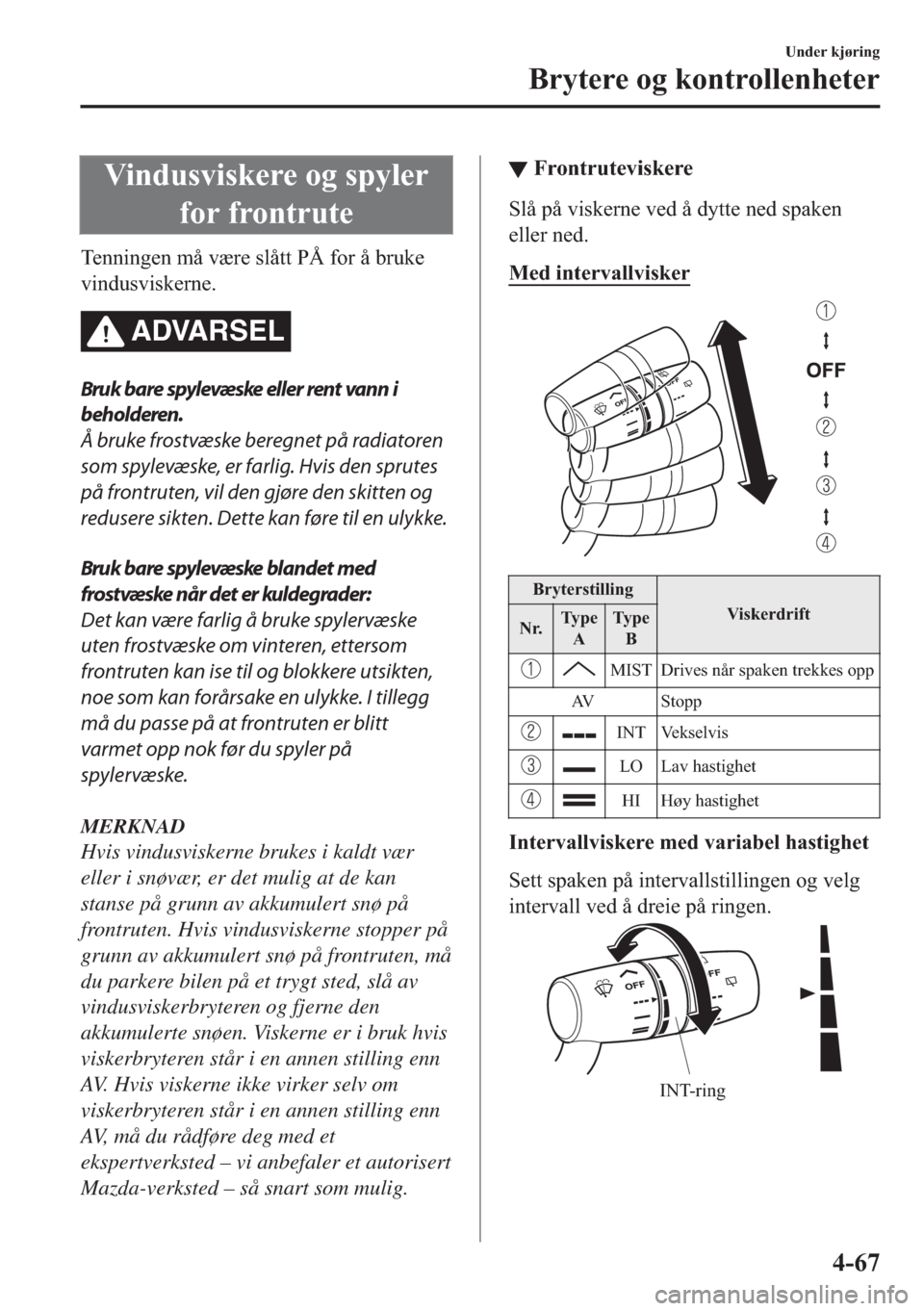 MAZDA MODEL 2 2019  Brukerhåndbok (in Norwegian) �9�L�Q�G�X�V�Y�L�V�N�H�U�H��R�J��V�S�\�O�H�U
�I�R�U��I�U�R�Q�W�U�X�W�H
�7�H�Q�Q�L�Q�J�H�Q��P�n��Y�