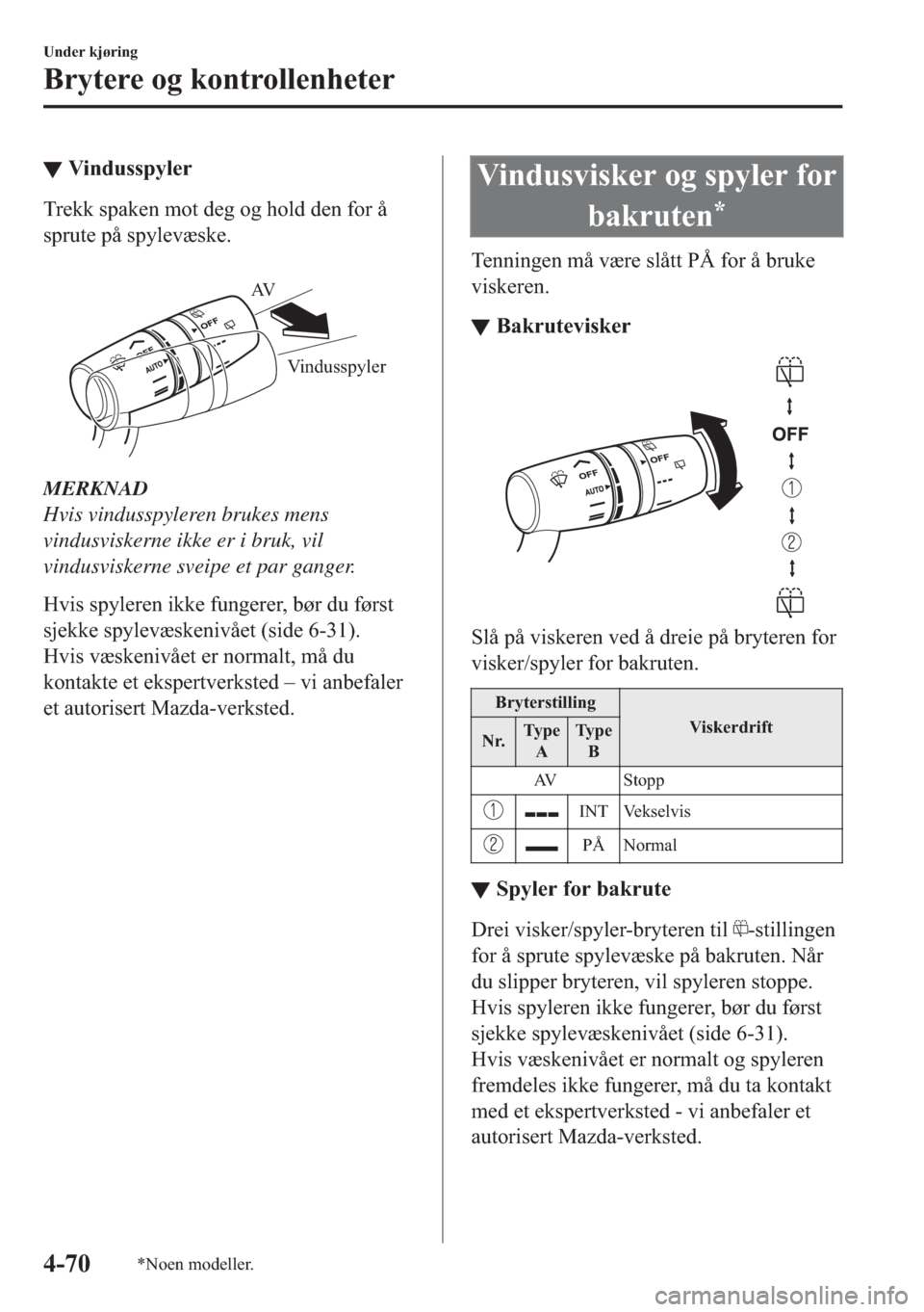 MAZDA MODEL 2 2019  Brukerhåndbok (in Norwegian) ▼�9�L�Q�G�X�V�V�S�\�O�H�U
�7�U�H�N�N��V�S�D�N�H�Q��P�R�W��G�H�J��R�J��K�R�O�G��G�H�Q��I�R�U��n
�V�S�U�X�W�H��S�n��V�S�\�O�H�Y�