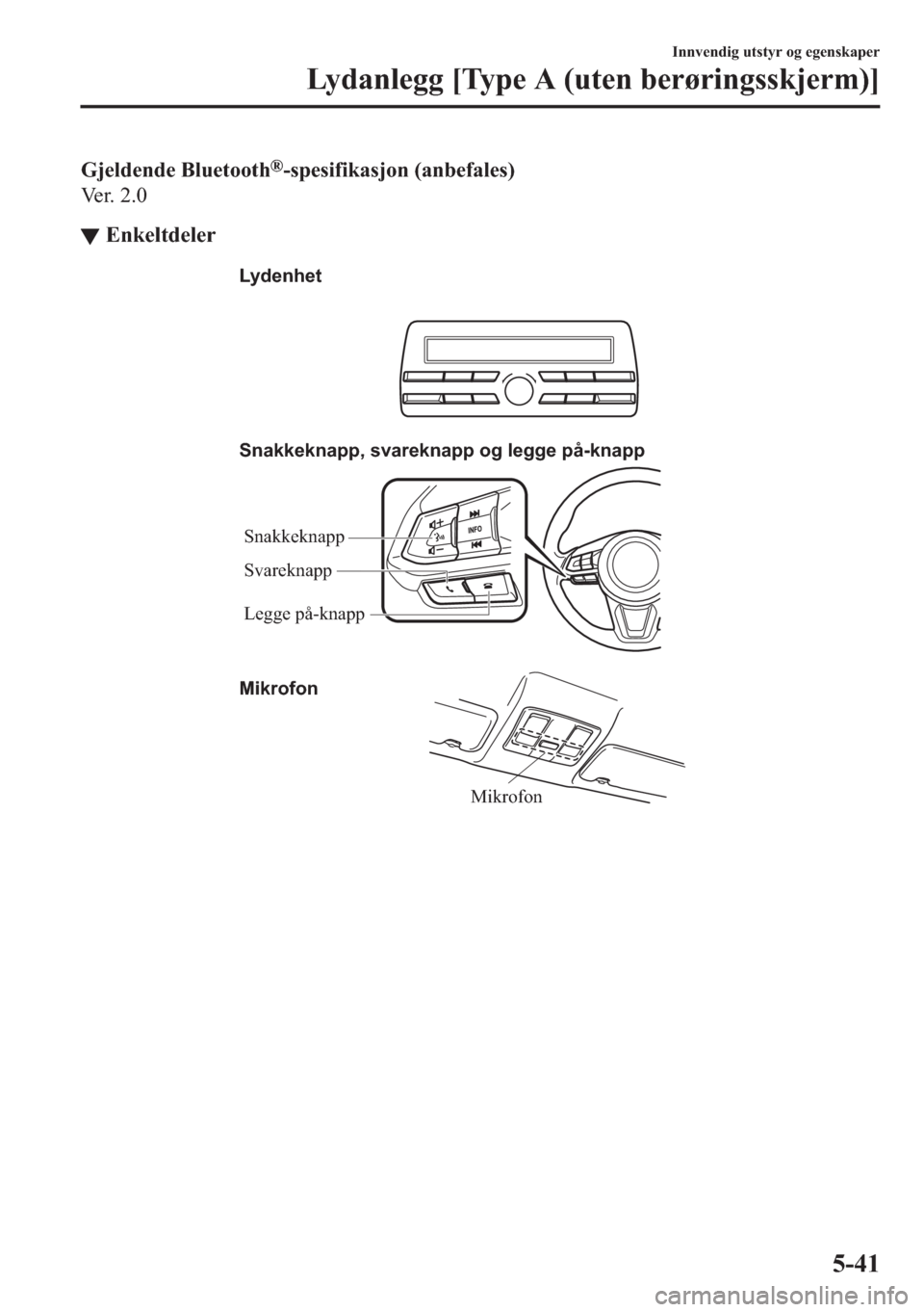 MAZDA MODEL 2 2019  Brukerhåndbok (in Norwegian) �*�M�H�O�G�H�Q�G�H��%�O�X�H�W�R�R�W�K�Š��V�S�H�V�L�I�L�N�D�V�M�R�Q���D�Q�E�H�I�D�O�H�V�
�9�H �U � � � � �
▼�(�Q�N�H�O�W�G�H�O�H�U
Mikrofon Snakkeknapp, svareknapp og legge på-knapp
Mikro