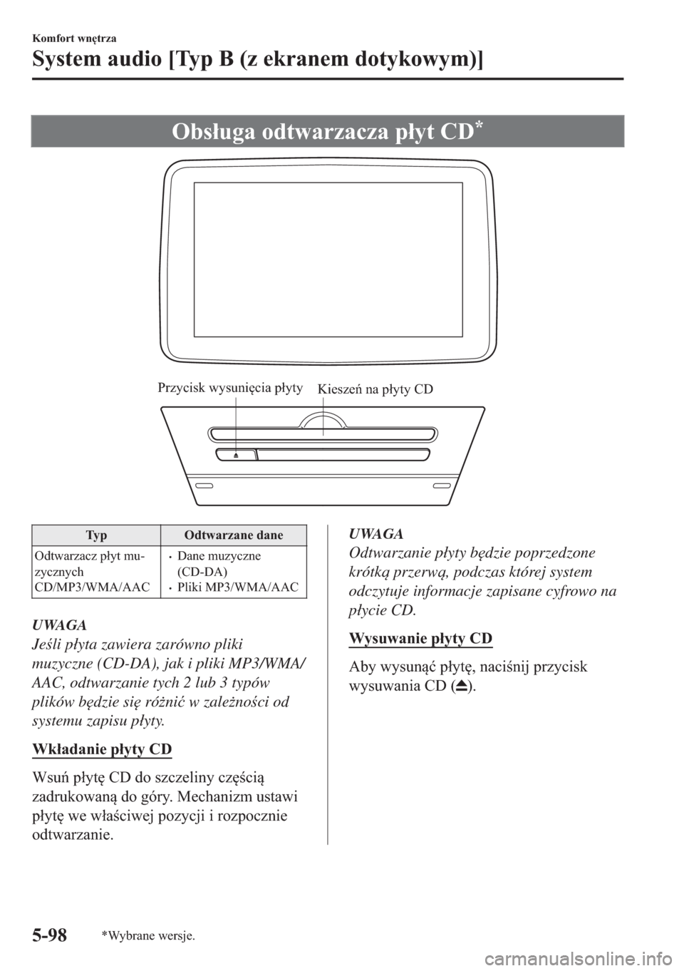 MAZDA MODEL 2 2019  Instrukcja Obsługi (in Polish) �2�E�V�á�X�J�D��R�G�W�Z�D�U�]�D�F�]�D��S�á�\�W��&��
Kieszeń na płyty CD Przycisk wysunięcia płyty
�7�\�S �2�G�W�Z�D�U�]�D�Q�H��G�D�Q�H
�2�G�W�Z�D�U�]�D�F�]��S�
