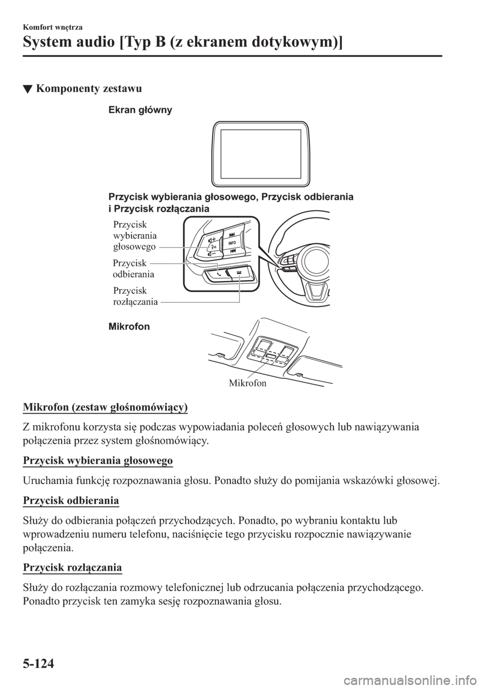 MAZDA MODEL 2 2019  Instrukcja Obsługi (in Polish) ▼�.�R�P�S�R�Q�H�Q�W�\��]�H�V�W�D�Z�X
Mikrofon Przycisk wybierania głosowego, Przycisk odbierania 
i Przycisk rozłączania
Mikrofon Ekran główny
Przycisk 
wybierania 
głosowego
Przycisk 
rozł