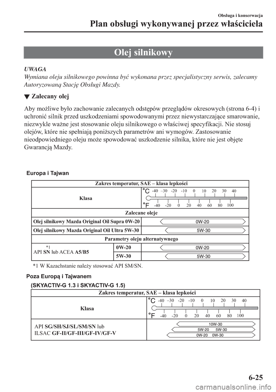 MAZDA MODEL 2 2019  Instrukcja Obsługi (in Polish) �2�O�H�M��V�L�O�Q�L�N�R�Z�\
UWAGA
Wymiana oleju silnikowego powinna by�ü wykonana przez specjalistyczny serwis, zalecamy
Autoryzowan Stacj
 Obs�áugi Mazdy.
▼�=�D�O�H�F�D�Q�\��R�O�H�M
�$�E�\�