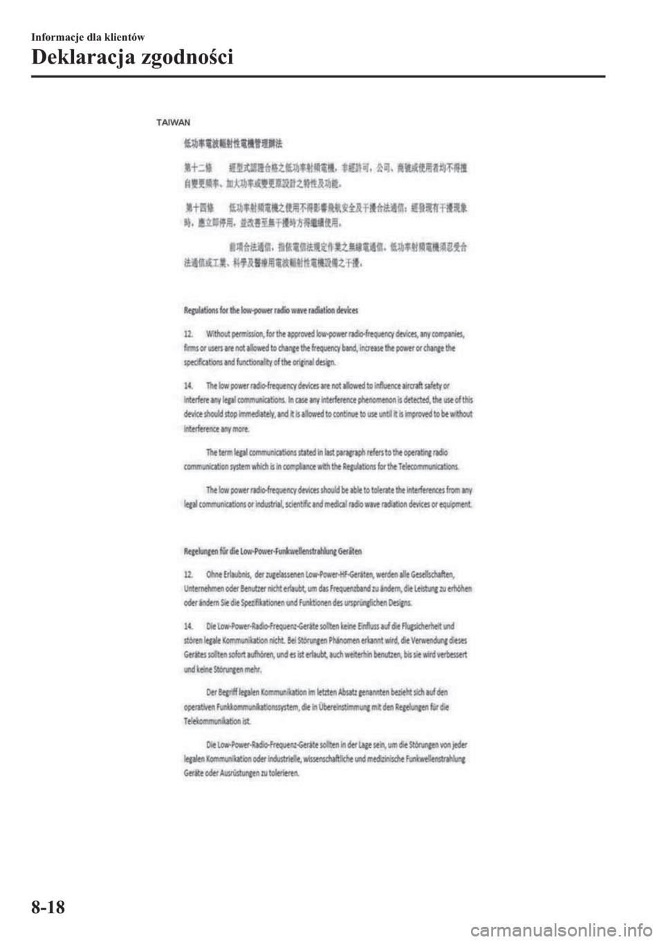 MAZDA MODEL 2 2019  Instrukcja Obsługi (in Polish) �,�Q�I�R�U�P�D�F�M�H��G�O�D��N�O�L�H�Q�W�y�Z
��H�N�O�D�U�D�F�M�D��]�J�R�G�Q�R�F�L
���� 