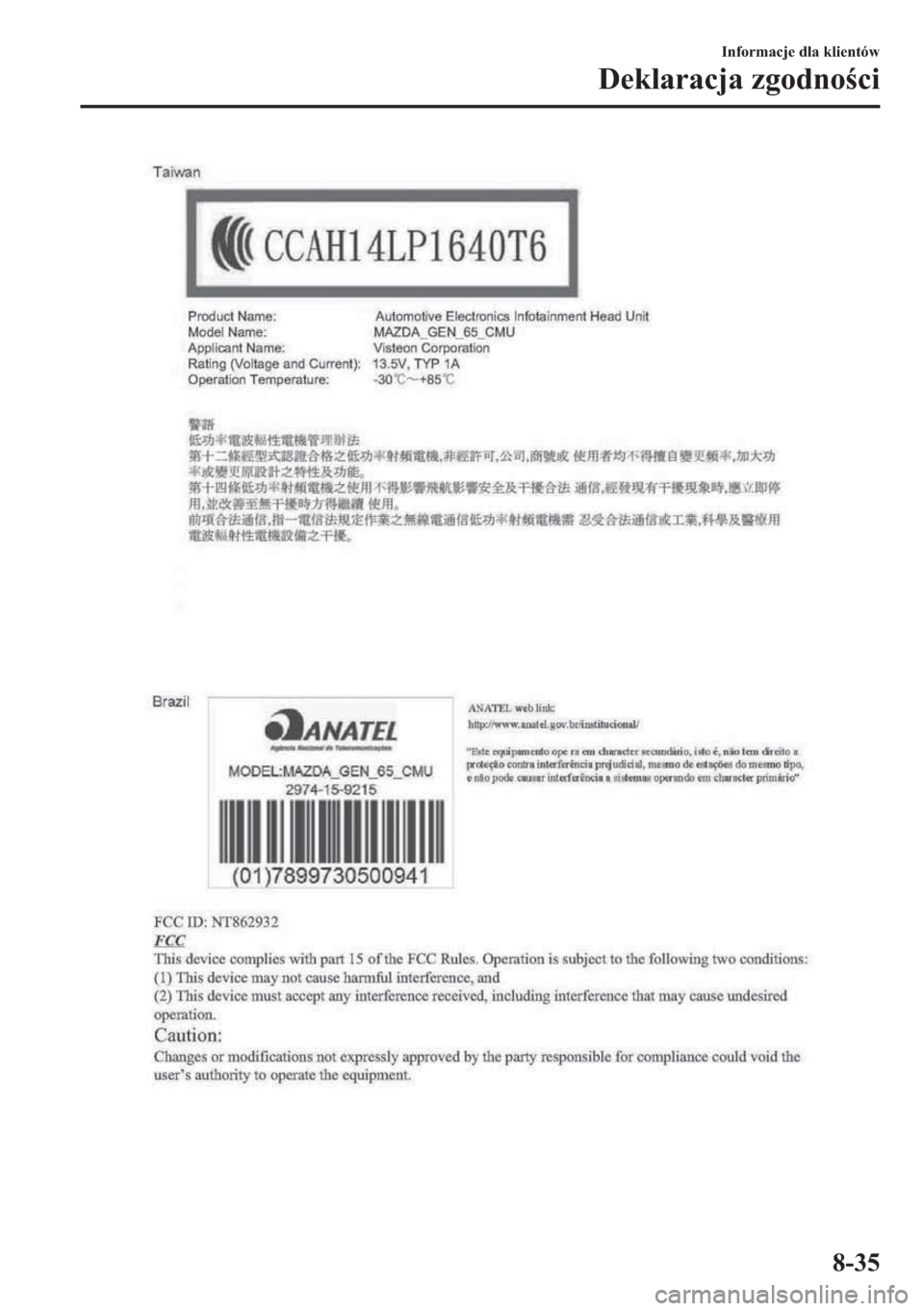 MAZDA MODEL 2 2019  Instrukcja Obsługi (in Polish) �,�Q�I�R�U�P�D�F�M�H��G�O�D��N�O�L�H�Q�W�y�Z
��H�N�O�D�U�D�F�M�D��]�J�R�G�Q�R�F�L
���� 