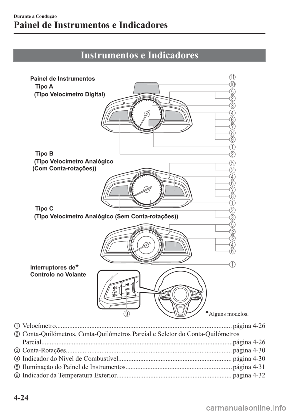 MAZDA MODEL 2 2019  Manual do proprietário (in Portuguese) �,�Q�V�W�U�X�P�H�Q�W�R�V��H��,�Q�G�L�F�D�G�R�U�H�V
�
Alguns modelos.
Tipo A
Tipo B
Tipo C 
Interruptores de 
Controlo no Volante (Tipo Velocímetro Digital)
 (Tipo Velocímetro Analógico 
(Com Con