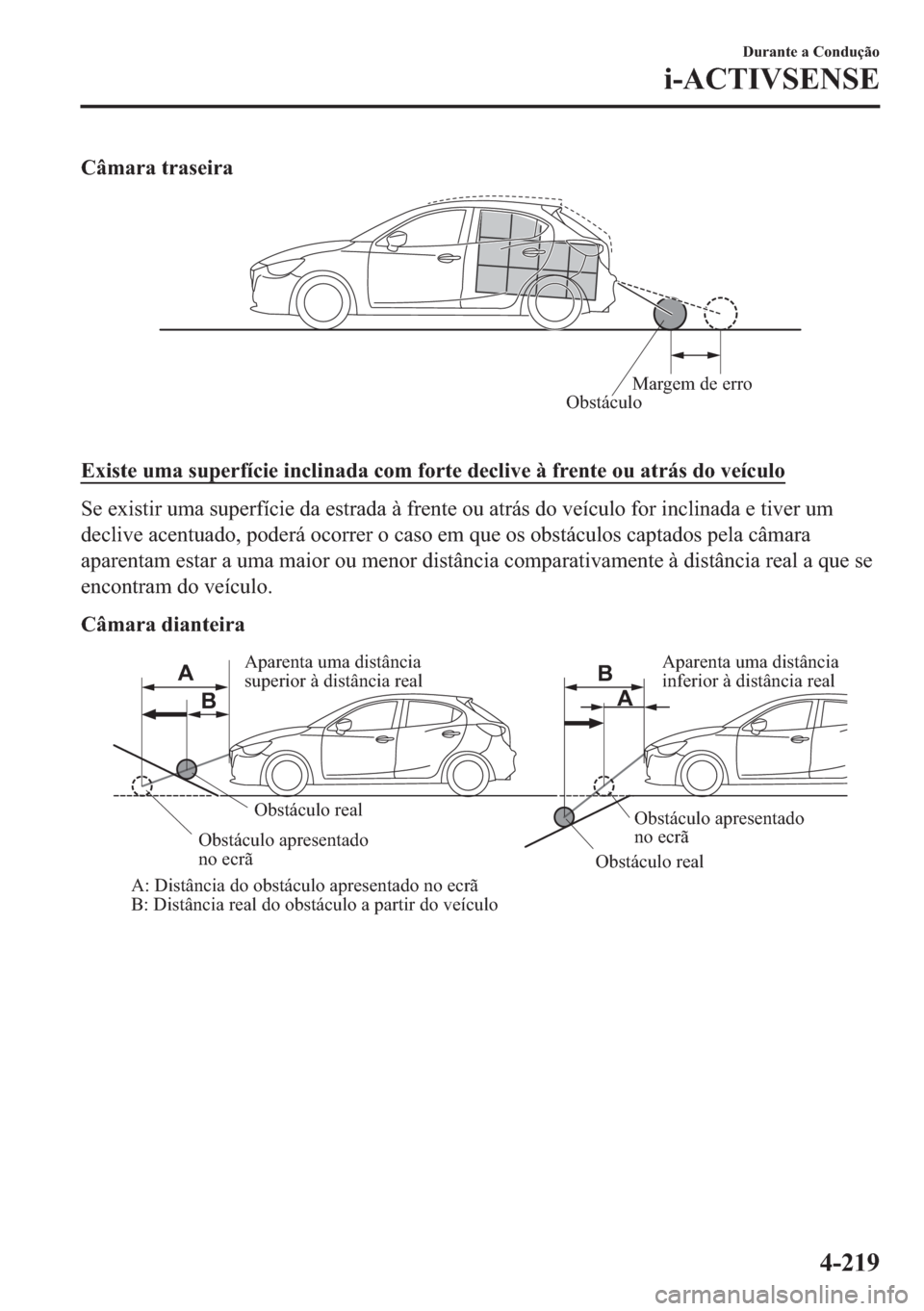 MAZDA MODEL 2 2019  Manual do proprietário (in Portuguese) �&�k�P�D�U�D��W�U�D�V�H�L�U�D
ObstáculoMargem de erro
�
�(�[�L�V�W�H��X�P�D��V�X�S�H�U�I�t�F�L�H��L�Q�F�O�L�Q�D�G�D��F�R�P��I�R�U�W�H��G�H�F�O�L�Y�H��j��I�U�H�Q�W�H��R�X��D�W�U�i�V��G�R�