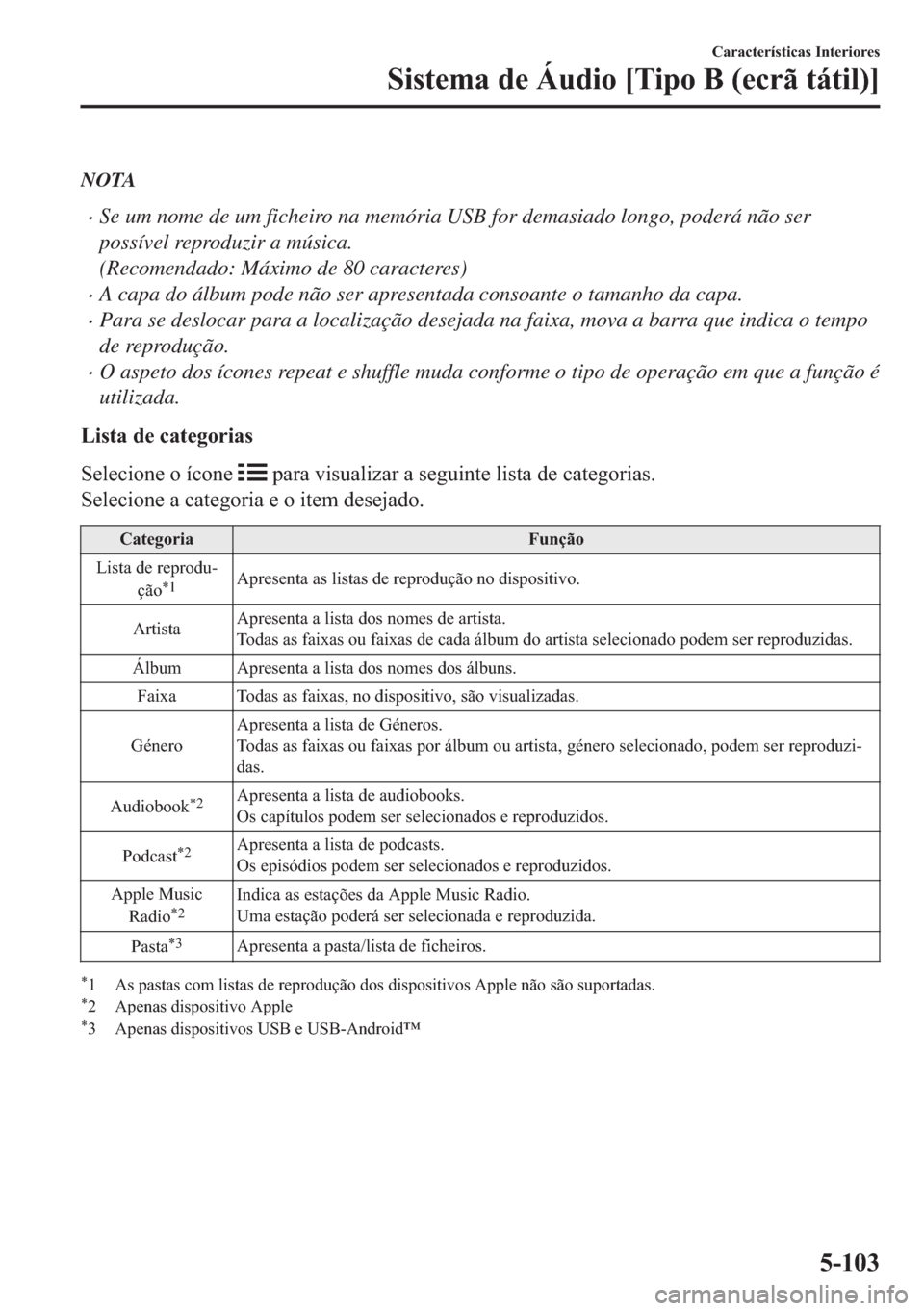 MAZDA MODEL 2 2019  Manual do proprietário (in Portuguese) NOTA
�xSe um nome de um ficheiro na memória USB for demasiado longo, poderá não ser
possível reproduzir a música.
(Recomendado: Máximo de 80 caracteres)
�xA capa do álbum pode não ser apresent