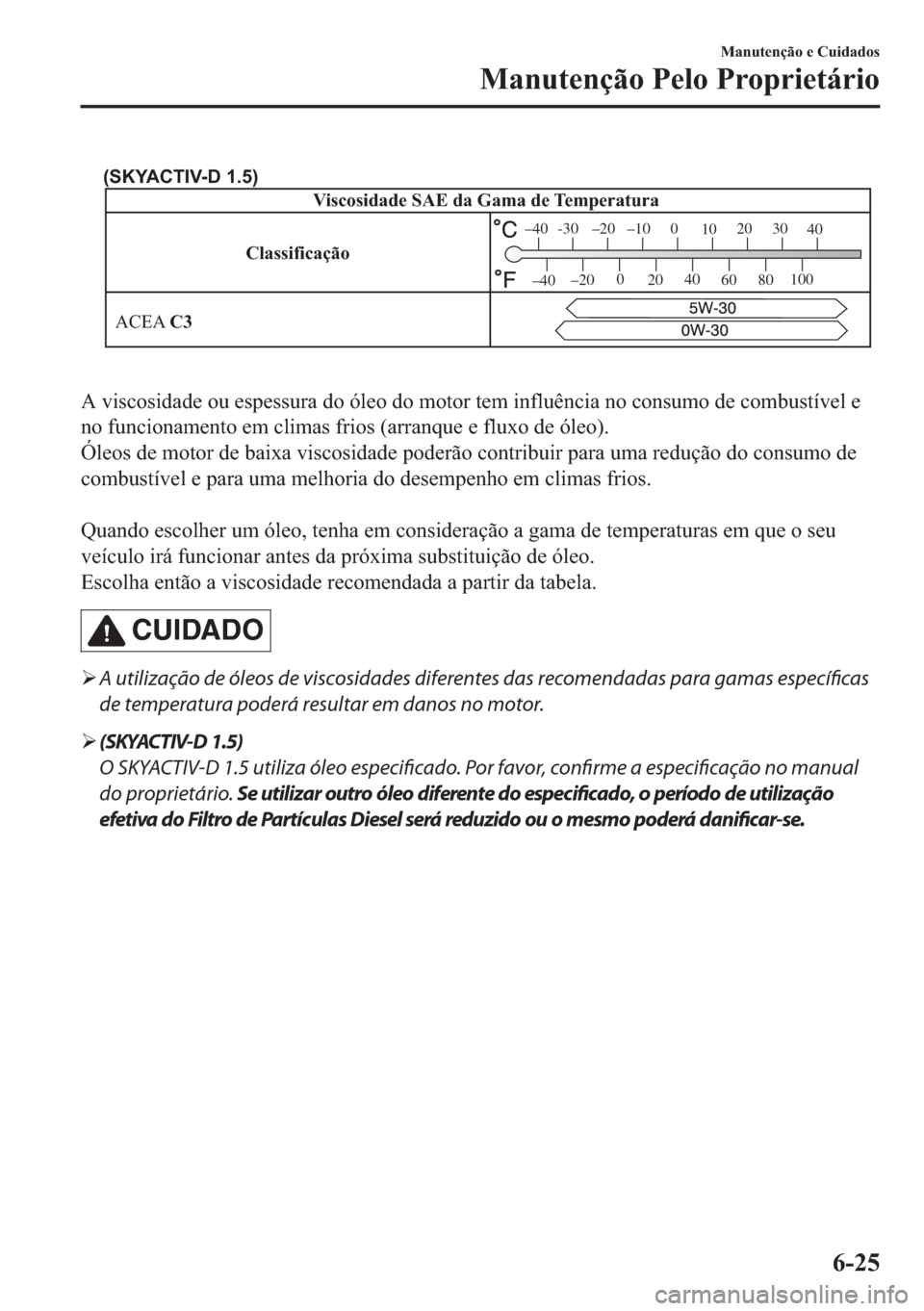 MAZDA MODEL 2 2019  Manual do proprietário (in Portuguese) Viscosidade SAE da Gama de Temperatura
ACEA C3
-30 –20 –10 0
1020 30
40
–200
2040
60
80100
–40
–40
(SKYACTIV-D 1.5)
Classificação
�$��Y�L�V�F�R�V�L�G�D�G�H��R�X��H�V�S�H�V�V�X�U�D��G�R