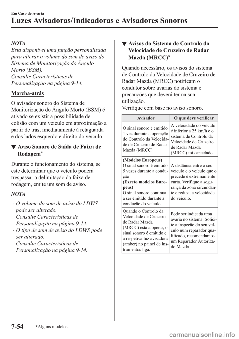 MAZDA MODEL 2 2019  Manual do proprietário (in Portuguese) NOTA
Esta disponível uma função personalizada
para alterar o volume do som de aviso do
Sistema de Monitorização do Ângulo
Morto (BSM).
Consulte Características de
Personalização na página 9-