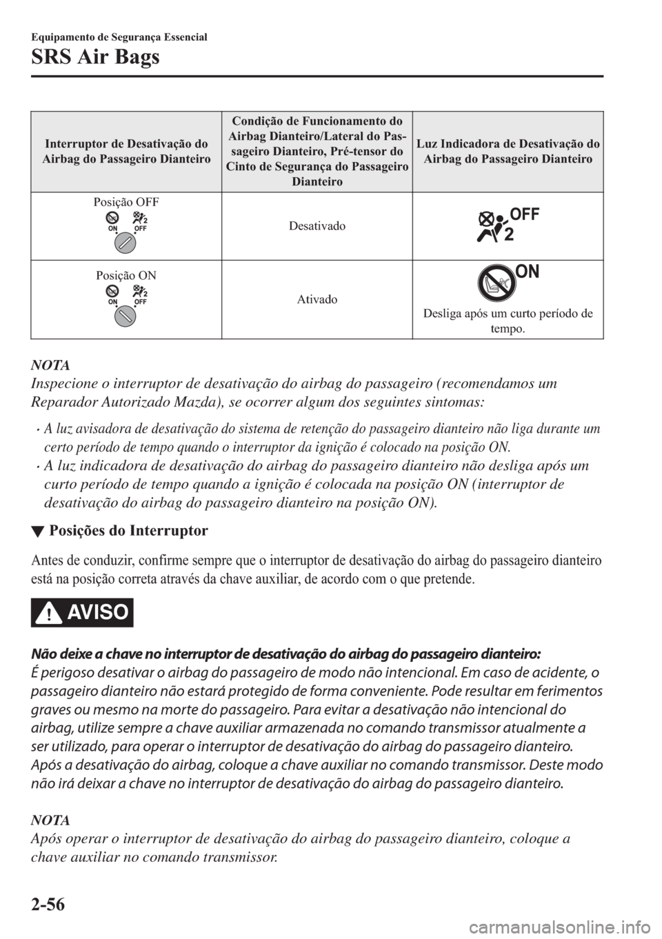 MAZDA MODEL 2 2019  Manual do proprietário (in Portuguese) �,�Q�W�H�U�U�X�S�W�R�U��G�H���H�V�D�W�L�Y�D�o�m�R��G�R
�$�L�U�E�D�J��G�R��3�D�V�V�D�J�H�L�U�R���L�D�Q�W�H�L�U�R�&�R�Q�G�L�o�m�R��G�H��)�X�Q�F�L�R�Q�D�P�H�Q�W�R��G�R
�$�L�U�E�D�J���L�D�Q�W