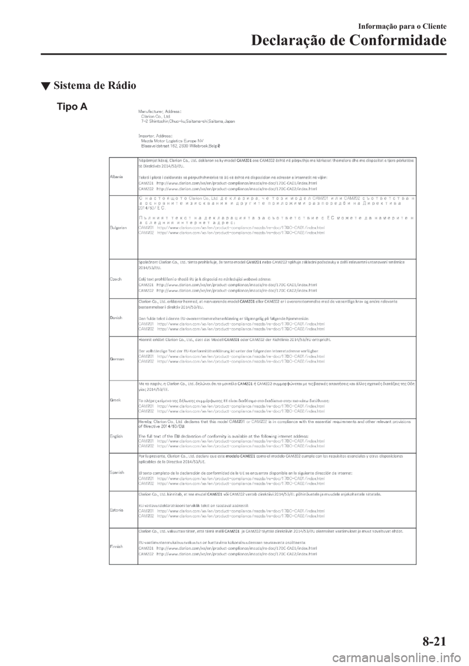 MAZDA MODEL 2 2019  Manual do proprietário (in Portuguese) ▼�6�L�V�W�H�P�D��G�H��5�i�G�L�R
Tipo A
�,�Q�I�R�U�P�D�o�m�R��S�D�U�D��R��&�O�L�H�Q�W�H
��H�F�O�D�U�D�o�m�R��G�H��&�R�Q�I�R�U�P�L�G�D�G�H
���� 