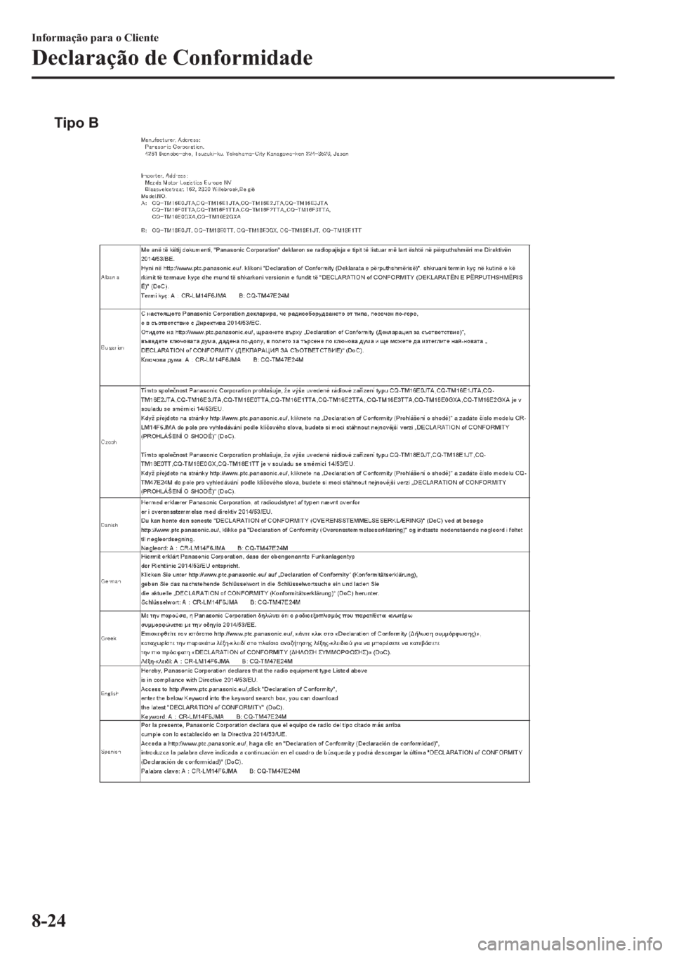 MAZDA MODEL 2 2019  Manual do proprietário (in Portuguese) Tipo B
�,�Q�I�R�U�P�D�o�m�R��S�D�U�D��R��&�O�L�H�Q�W�H
��H�F�O�D�U�D�o�m�R��G�H��&�R�Q�I�R�U�P�L�G�D�G�H
���� 