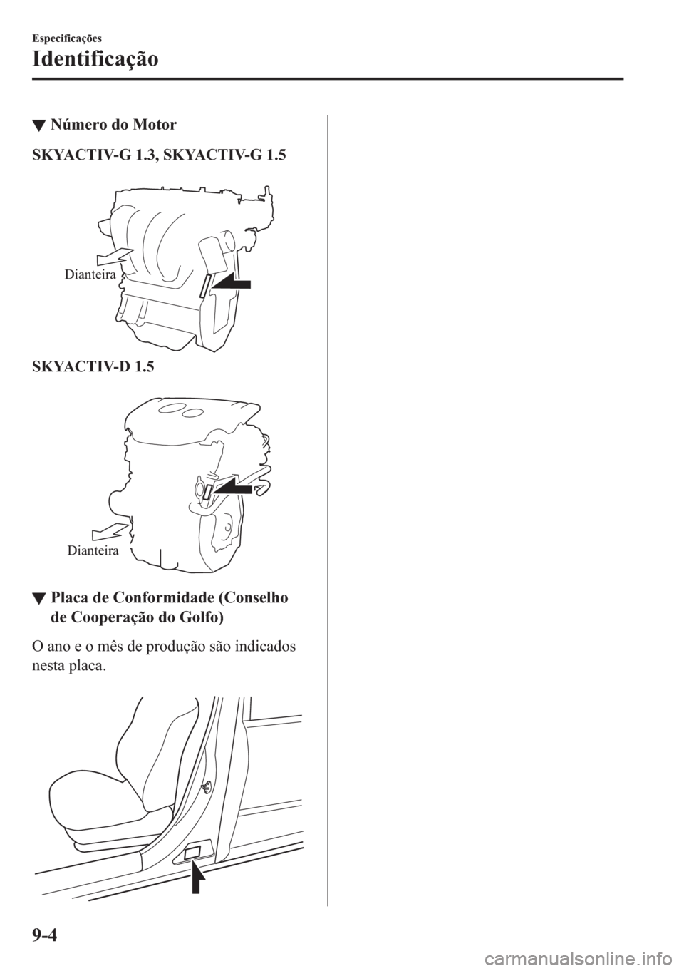 MAZDA MODEL 2 2019  Manual do proprietário (in Portuguese) ▼�1�~�P�H�U�R��G�R��0�R�W�R�U
�6�.�<�$�&�7�,�9��*�������6�.�<�$�&�7�,�9��*����
�
Dianteira
�6�.�<�$�&�7�,�9������
�
Dianteira
▼▼�3�O�D�F�D��G�H��&�R�Q�I�R�U�P�L�G�D�G�H�