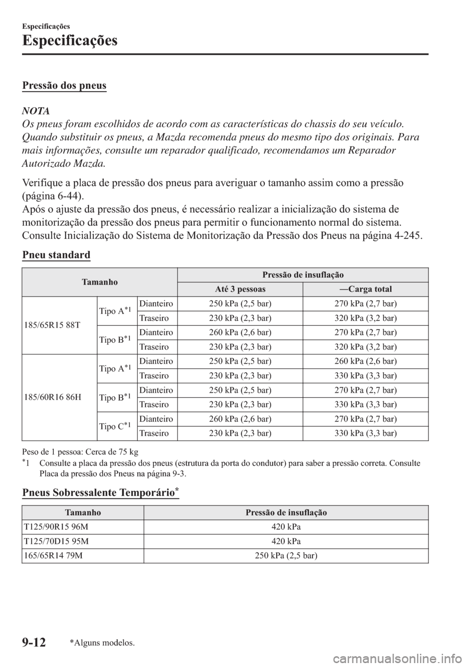 MAZDA MODEL 2 2019  Manual do proprietário (in Portuguese) �3�U�H�V�V�m�R��G�R�V��S�Q�H�X�V
NOTA
Os pneus foram escolhidos de acordo com as características do chassis do seu veículo.
Quando substituir os pneus, a Mazda recomenda pneus do mesmo tipo dos or