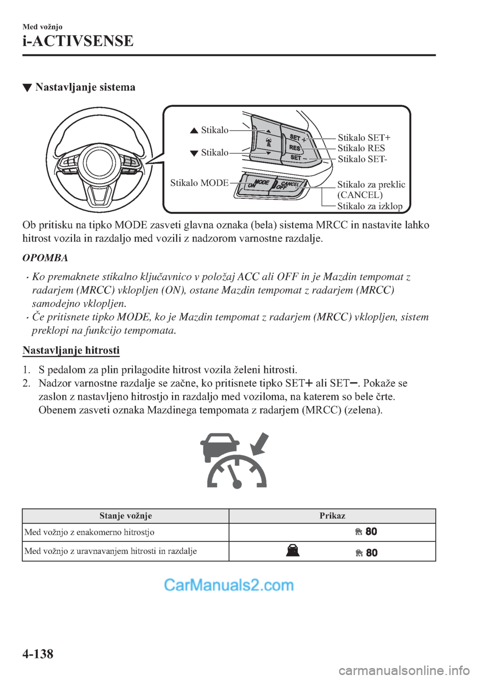 MAZDA MODEL 2 2019  Priročnik za lastnika (in Slovenian) ▼�1�D�V�W�D�Y�O�M�D�Q�M�H��V�L�V�W�H�P�D
Stikalo za preklic 
(CANCEL)Stikalo RES
Stikalo za izklop Stikalo Stikalo
Stikalo MODE
Stikalo SET- Stikalo SET+
�2�E��S�U�L�W�L�V�N�X��Q�D��W�L�S�N�R��
