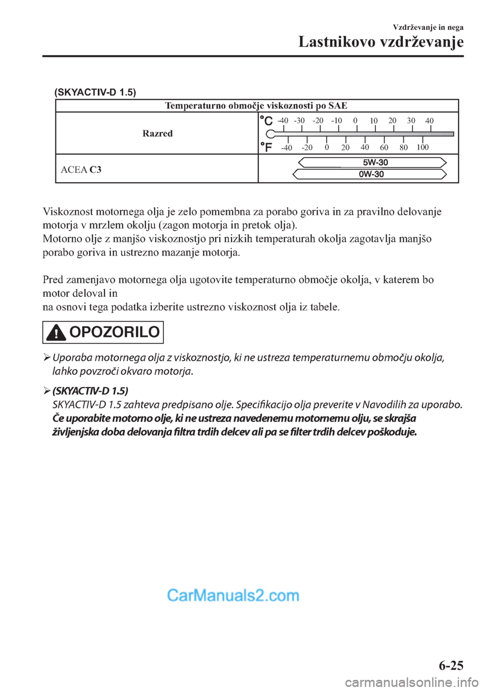 MAZDA MODEL 2 2019  Priročnik za lastnika (in Slovenian) RazredTemperaturno območje viskoznosti po SAE
ACEA C3
-30 -20 -10 0
1020 30
40
-200
2040
60
80100
-40
-40
(SKYACTIV-D 1.5)
�9�L�V�N�R�]�Q�R�V�W��P�R�W�R�U�Q�H�J�D��R�O�M�D��M�H��]�H�O�R��S�R�P�H