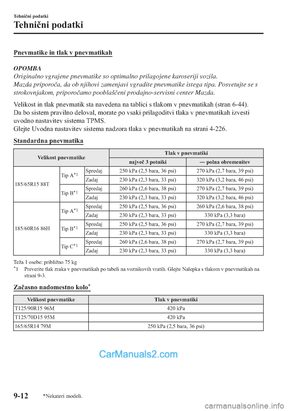 MAZDA MODEL 2 2019  Priročnik za lastnika (in Slovenian) �3�Q�H�Y�P�D�W�L�N�H��L�Q��W�O�D�N��Y��S�Q�H�Y�P�D�W�L�N�D�K
OPOMBA
Originalno vgrajene pnevmatike so optimalno prilagojene karoseriji vozila.
Mazda priporo�þa, da ob njihovi zamenjavi vgradite p