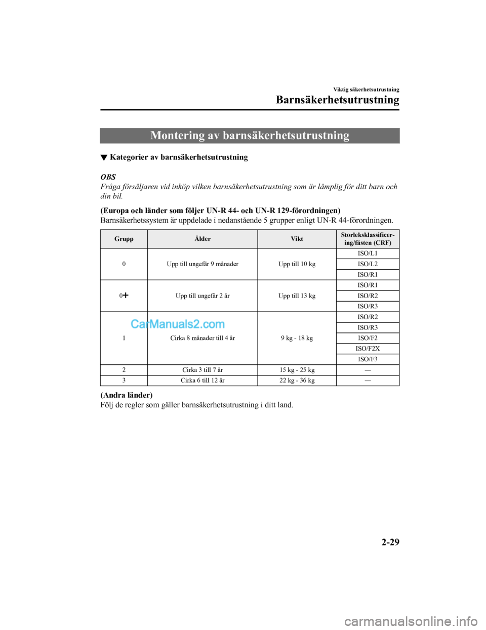 MAZDA MODEL 2 2019  Ägarmanual (in Swedish) Montering av barnsäkerhetsutrustning
▼Kategorier av barnsäkerhetsutrustning
OBS
Fråga försäljaren vid inköp vilken barnsäkerhetsutrustning som är lämplig för ditt barn och
din bil.
(Europa