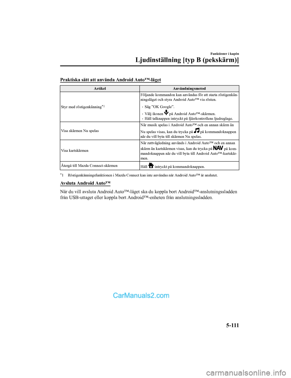 MAZDA MODEL 2 2019  Ägarmanual (in Swedish) Praktiska sätt att använda Android Auto™-läget
ArtikelAnvändningsmetod
Styr med röstigenkänning
*1
Följande kommandon kan användas för att starta röstigenkän‐
ningsläget och styra Andr
