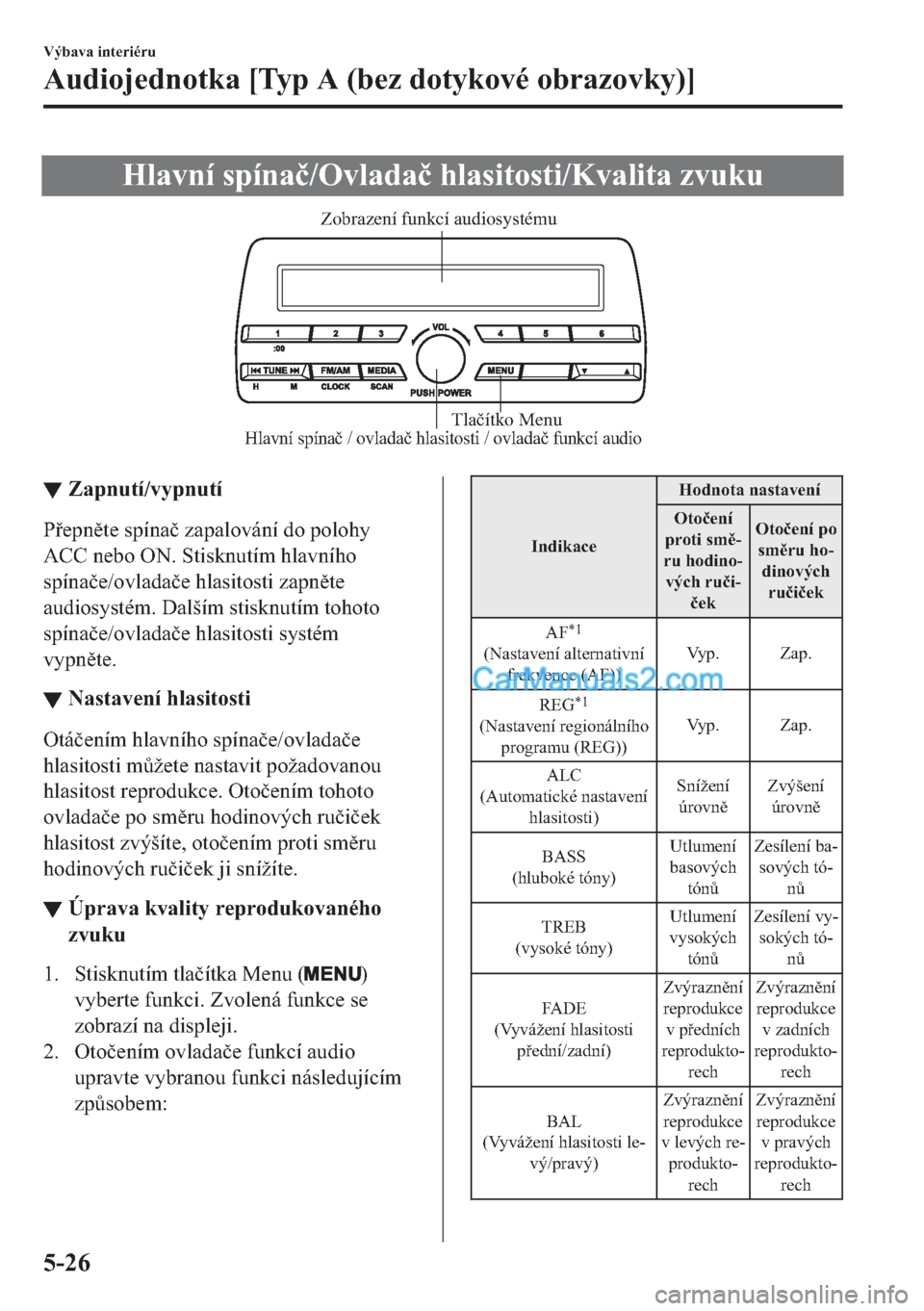 MAZDA MODEL 2 2019  Návod k obsluze (in Czech) �+�O�D�Y�Q�t��V�S�t�Q�D�þ��2�Y�O�D�G�D�þ��K�O�D�V�L�W�R�V�W�L��.�Y�D�O�L�W�D��]�Y�X�N�X
Hlavní spínač / ovladač hlasitosti / ovladač funkcí audioTlačítko Menu Zobrazení funkcí audiosy