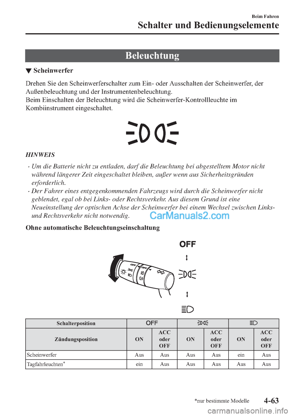 MAZDA MODEL 2 2018  Betriebsanleitung (in German) �%�H�O�H�X�F�K�W�X�Q�J
▼�6�F�K�H�L�Q�Z�H�U�I�H�U
��U�H�K�H�Q��6�L�H��G�H�Q��6�F�K�H�L�Q�Z�H�U�I�H�U�V�F�K�D�O�W�H�U��]�X�P��(�L�Q���R�G�H�U��$�X�V�V�F�K�D�O�W�H�Q��G�H�U��6�F�K�H�L�Q�Z�H�