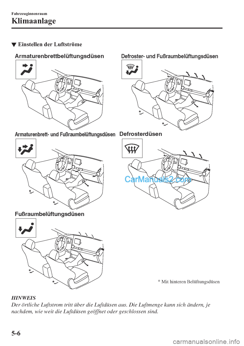 MAZDA MODEL 2 2018  Betriebsanleitung (in German) ▼�(�L�Q�V�W�H�O�O�H�Q��G�H�U��/�X�I�W�V�W�U�|�P�H
Armaturenbrettbelüftungsdüsen
Armaturenbrett- und Fußraumbelüftungsdüsen
Fußraumbelüftungsdüsen
Defroster- und Fußraumbelüftungsdüsen
D