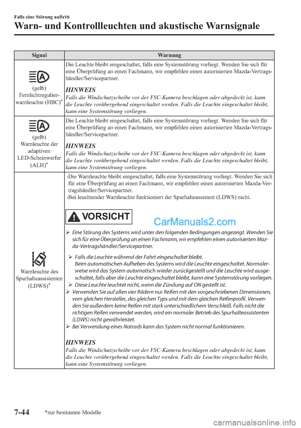MAZDA MODEL 2 2018  Betriebsanleitung (in German) �6�L�J�Q�D�O �:�D�U�Q�X�Q�J
��J�H�O�E�
�)�H�U�Q�O�L�F�K�W�U�H�J�X�O�L�H�U�
�Z�D�U�Q�O�H�X�F�K�W�H���+�%�&�
�
��L�H��/�H�X�F�K�W�H��E�O�H�L�E�W��H�L�Q�J�H�V�F�K�D�O�W�H�W���I�D�O�O�V��H�L