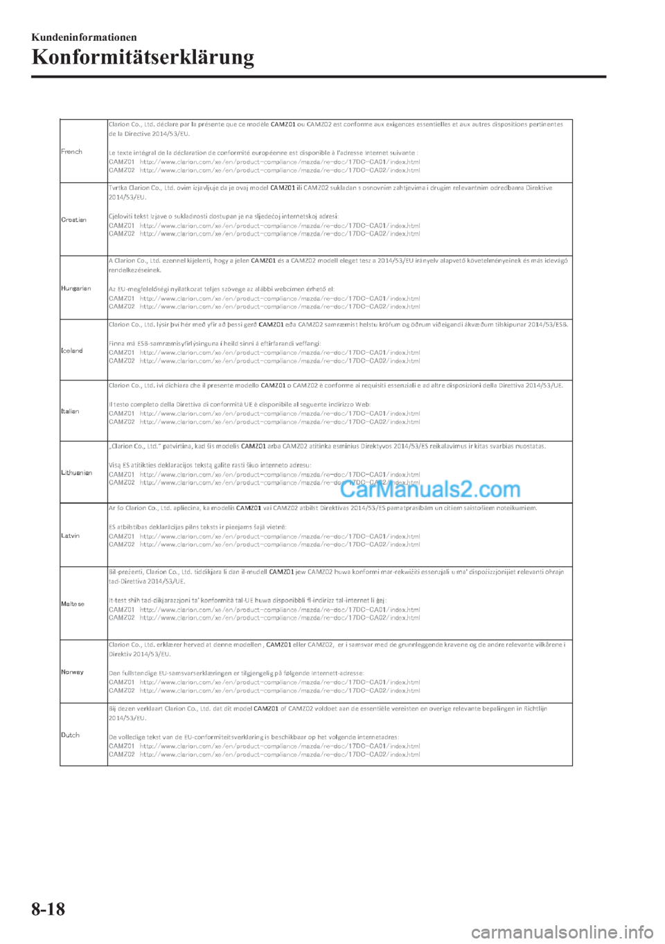 MAZDA MODEL 2 2018  Betriebsanleitung (in German) �.�X�Q�G�H�Q�L�Q�I�R�U�P�D�W�L�R�Q�H�Q
�.�R�Q�I�R�U�P�L�W�l�W�V�H�U�N�O�l�U�X�Q�J
����  