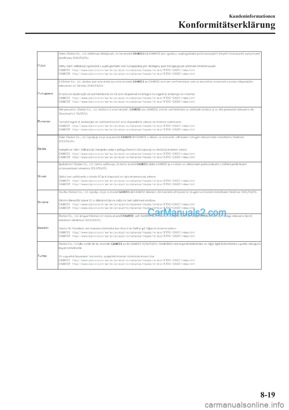 MAZDA MODEL 2 2018  Betriebsanleitung (in German) �.�X�Q�G�H�Q�L�Q�I�R�U�P�D�W�L�R�Q�H�Q
�.�R�Q�I�R�U�P�L�W�l�W�V�H�U�N�O�l�U�X�Q�J
����  