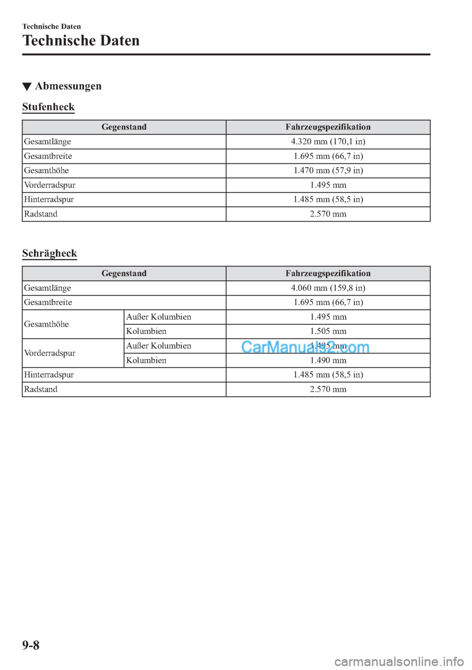 MAZDA MODEL 2 2018  Betriebsanleitung (in German) ▼�$�E�P�H�V�V�X�Q�J�H�Q
�6�W�X�I�H�Q�K�H�F�N
�*�H�J�H�Q�V�W�D�Q�G �)�D�K�U�]�H�X�J�V�S�H�]�L�I�L�N�D�W�L�R�Q
�*�H�V�D�P�W�O�l�Q�J�H �������P�P���������L�Q�
�*�H�V�D�P�W�E�U�H�L�W�H �