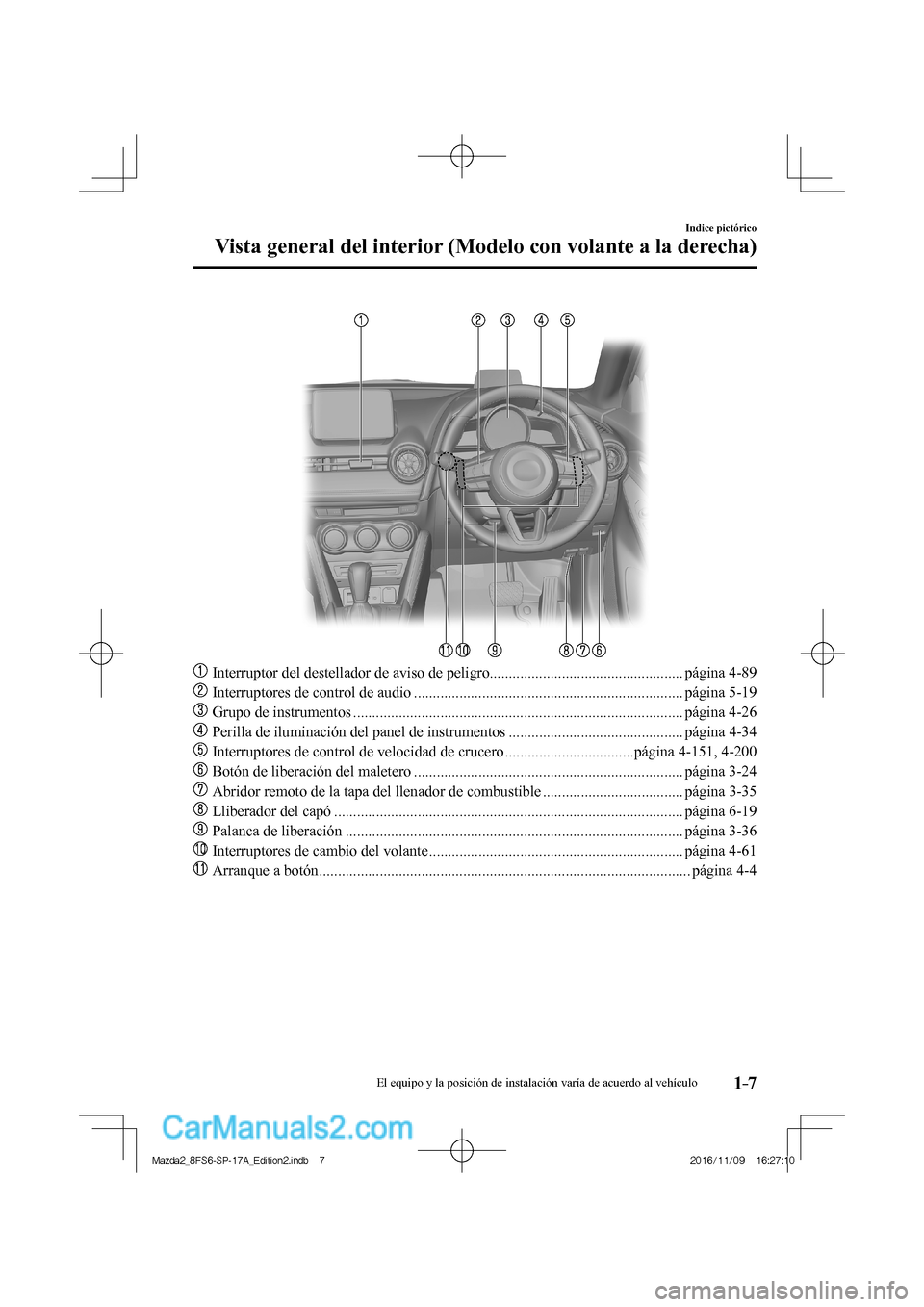MAZDA MODEL 2 2018  Manual del propietario (in Spanish) 1–7
Indice pictórico
Vista general del interior (Modelo con volante a la derecha)
   
���
  Interruptor del destellador de aviso de peligro ................................................... p
