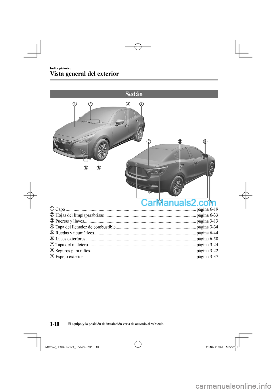 MAZDA MODEL 2 2018  Manual del propietario (in Spanish) 1–10
Indice pictórico
Vista general del exterior
      Sedán
    
���
 Capó ................................................................................................................... 