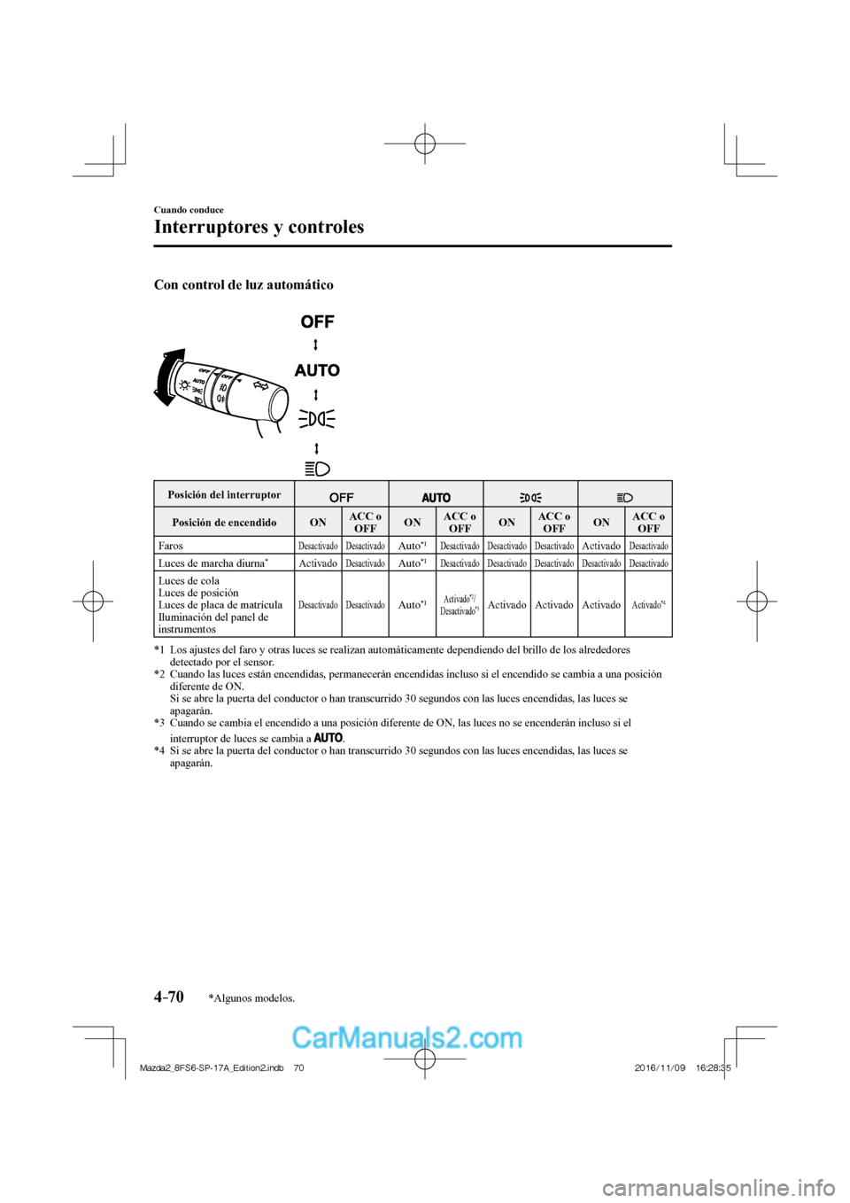 MAZDA MODEL 2 2018 Manual del propietario (in Spanish) 4–70
Cuando conduce
Interruptores y controles
*Algunos modelos.
Con control de luz automático
Posición del interruptor
Posición de encendido ON ACC o
OFF ON MAZDA MODEL 2 2018 Manual del propietario (in Spanish) 4–70
Cuando conduce
Interruptores y controles
*Algunos modelos.
Con control de luz automático
Posición del interruptor
Posición de encendido ON ACC o
OFF ON