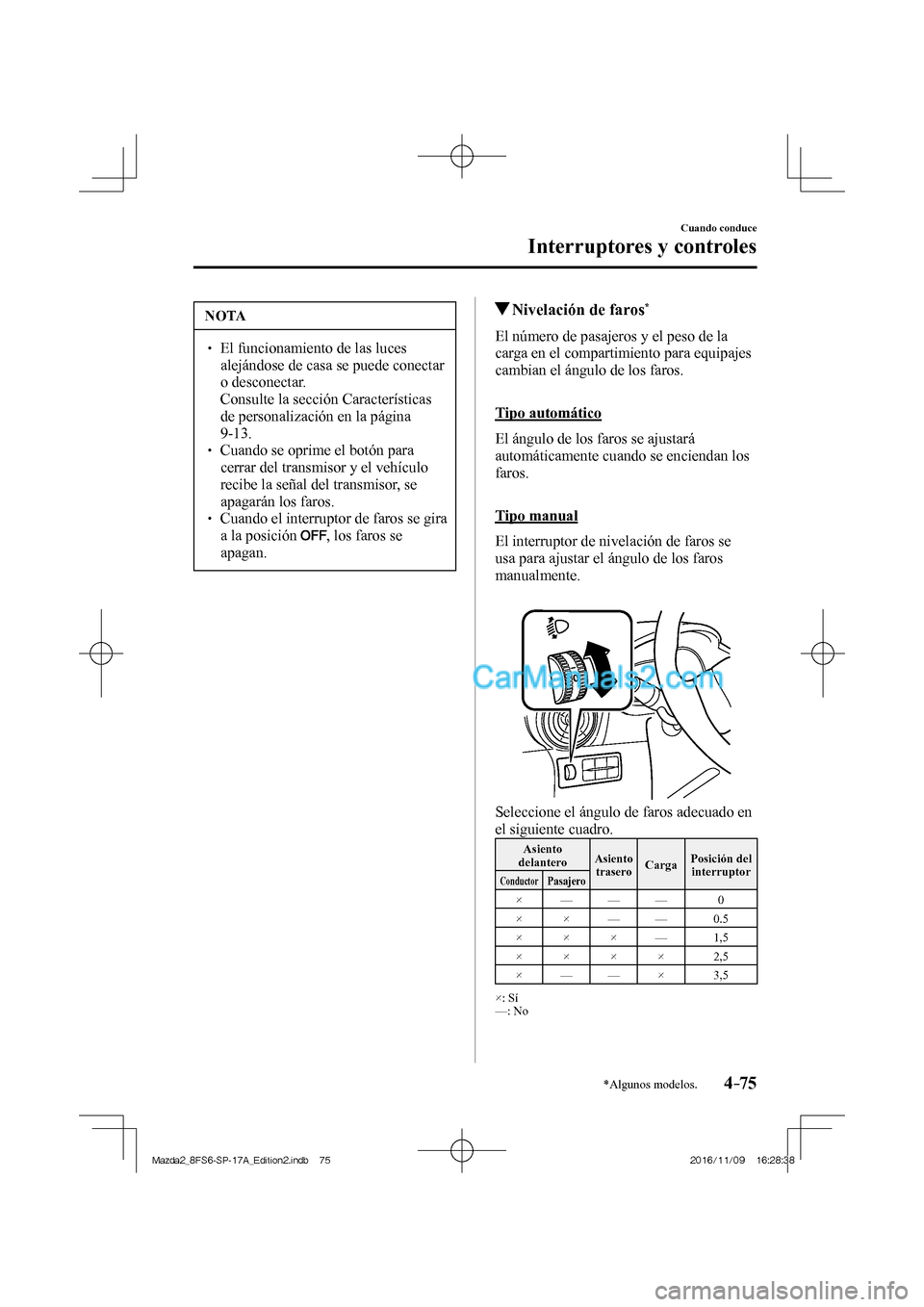 MAZDA MODEL 2 2018 Manual del propietario (in Spanish) 4–75
Cuando conduce
Interruptores y controles
*Algunos modelos.
NOTA
El funcionamiento de las luces
alejándose de casa se puede conectar
o desconectar.
Consulte la sección MAZDA MODEL 2 2018 Manual del propietario (in Spanish) 4–75
Cuando conduce
Interruptores y controles
*Algunos modelos.
NOTA
El funcionamiento de las luces
alejándose de casa se puede conectar
o desconectar.
Consulte la sección