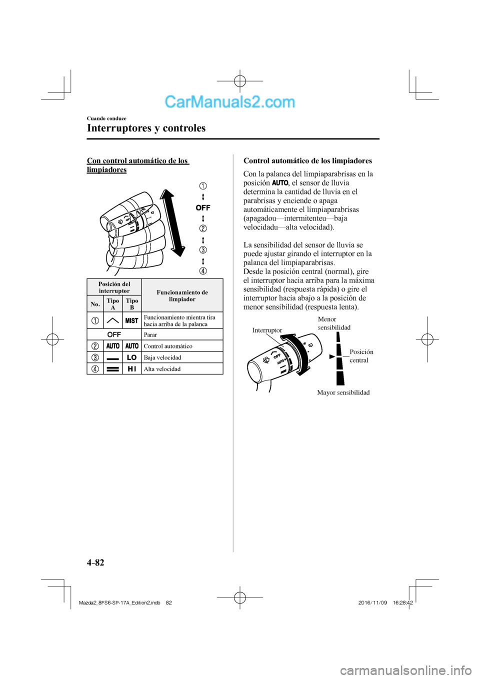 MAZDA MODEL 2 2018 Manual del propietario (in Spanish) 4–82
Cuando conduce
Interruptores y controles
Con control automático de los
limpiadores
Posición del
interruptor
Funcionamiento de
limpiador
No. Tipo
A Tipo
B
Funcio MAZDA MODEL 2 2018 Manual del propietario (in Spanish) 4–82
Cuando conduce
Interruptores y controles
Con control automático de los
limpiadores
Posición del
interruptor
Funcionamiento de
limpiador
No. Tipo
A Tipo
B
Funcio