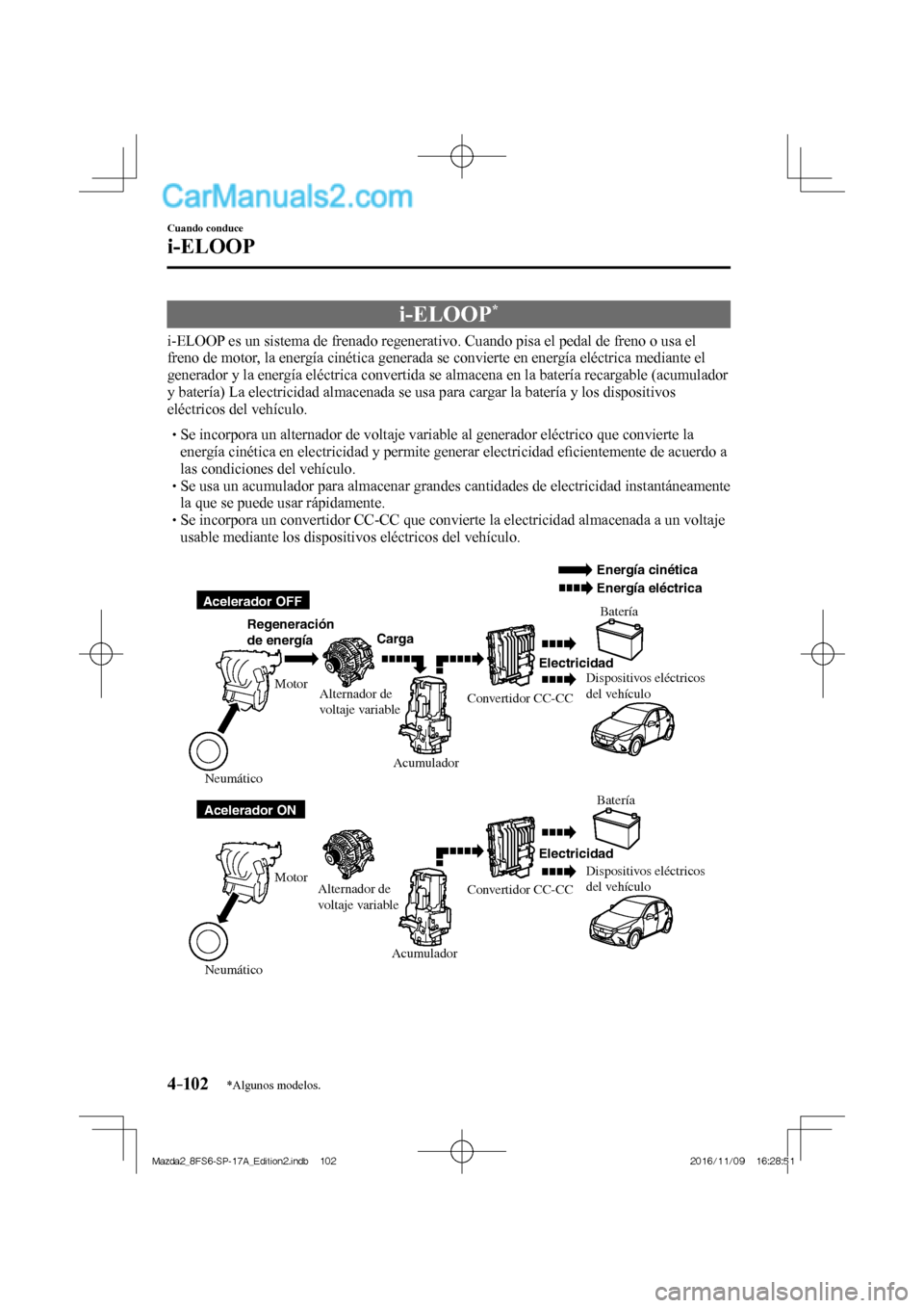 MAZDA MODEL 2 2018 Manual del propietario (in Spanish) 4–102
Cuando conduce
i-ELOOP
*Algunos modelos.
i-ELOOP *
i-ELOOP es un sistema de frenado regenerativo. Cuando pisa el pedal de freno o usa el
freno de motor, la energía ciné MAZDA MODEL 2 2018 Manual del propietario (in Spanish) 4–102
Cuando conduce
i-ELOOP
*Algunos modelos.
i-ELOOP *
i-ELOOP es un sistema de frenado regenerativo. Cuando pisa el pedal de freno o usa el
freno de motor, la energía ciné