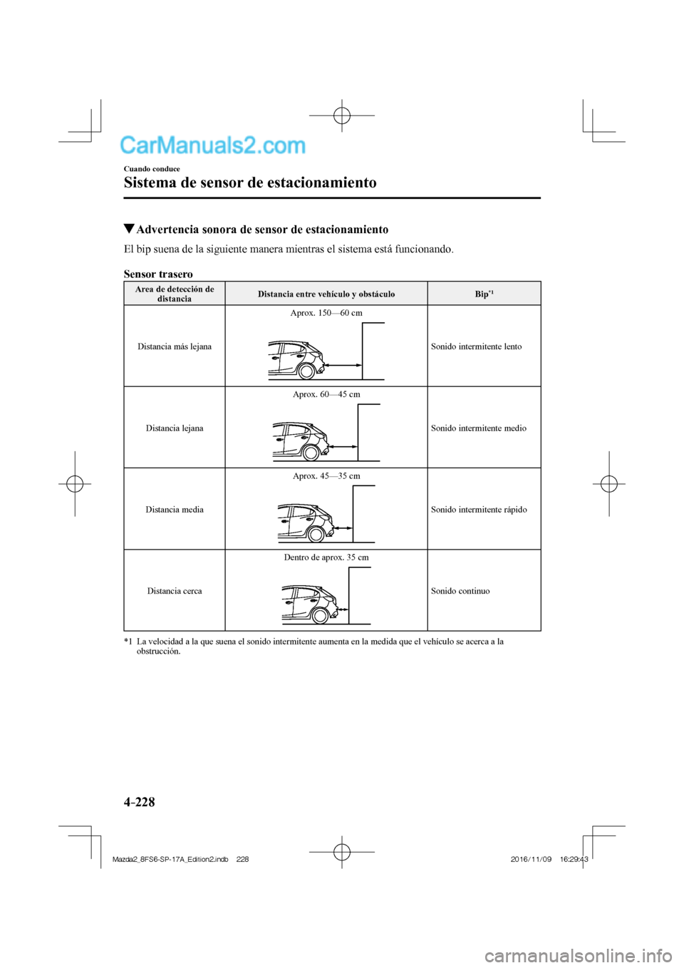 MAZDA MODEL 2 2018 Manual del propietario (in Spanish) 4–228
Cuando conduce
Sistema de sensor de estacionamiento
Advertencia sonora de sensor de estacionamiento
El bip suena de la siguiente manera mientras el sistema está funcionando.
MAZDA MODEL 2 2018 Manual del propietario (in Spanish) 4–228
Cuando conduce
Sistema de sensor de estacionamiento
Advertencia sonora de sensor de estacionamiento
El bip suena de la siguiente manera mientras el sistema está funcionando.