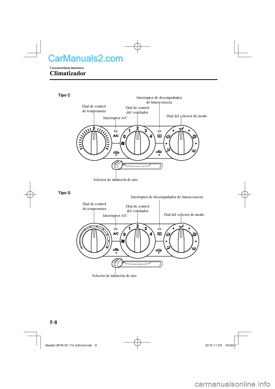 MAZDA MODEL 2 2018 Manual del propietario (in Spanish) 5–8
Características interiores
Climatizador
Dial de control
de temperaturaDial de control
del ventiladorInterruptor de desempañador
de luneta trasera
Interruptor A/C
Interruptor A/C Selector MAZDA MODEL 2 2018 Manual del propietario (in Spanish) 5–8
Características interiores
Climatizador
Dial de control
de temperaturaDial de control
del ventiladorInterruptor de desempañador
de luneta trasera
Interruptor A/C
Interruptor A/C Selector
