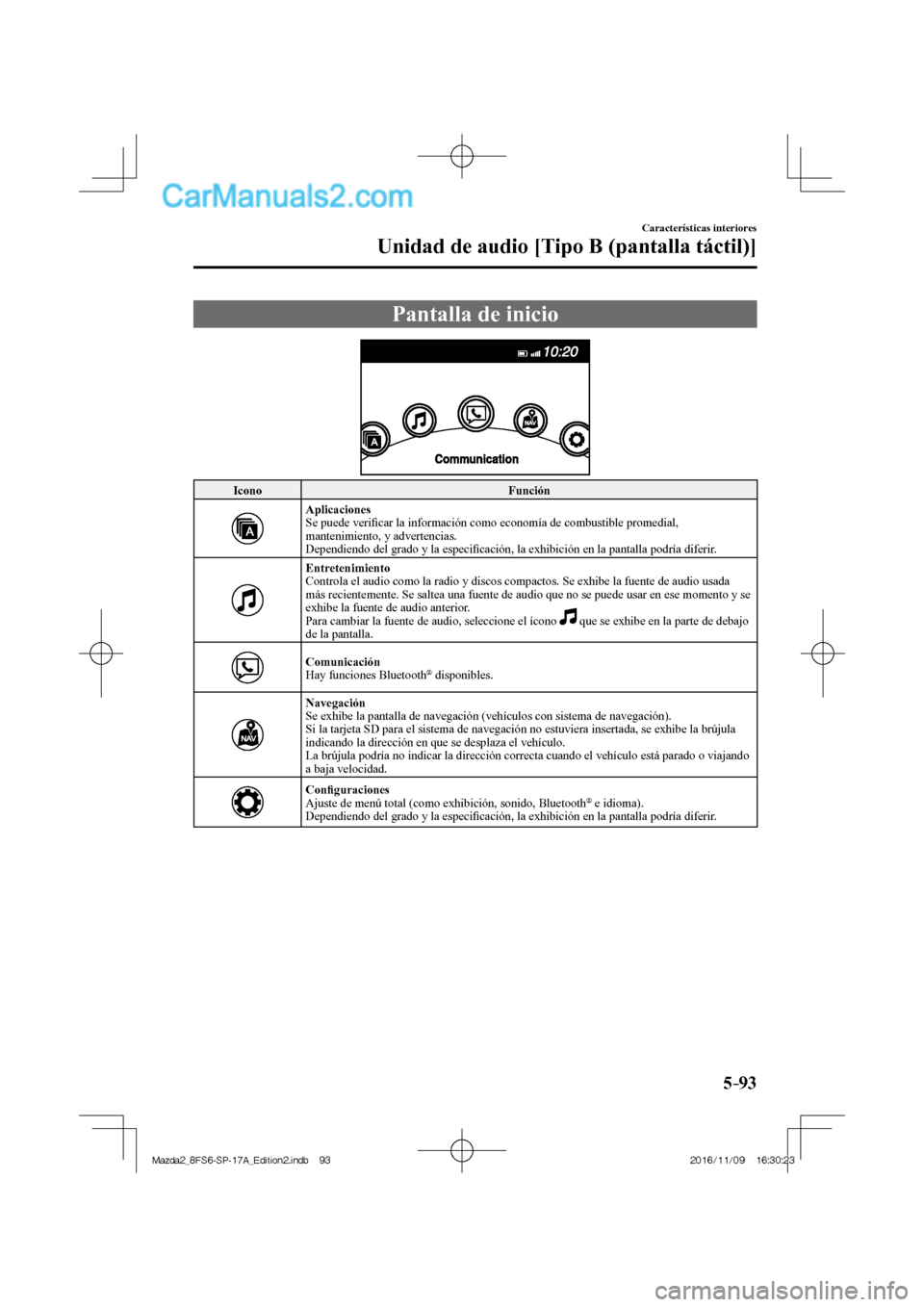 MAZDA MODEL 2 2018  Manual del propietario (in Spanish) 5–93
Características interiores
Unidad de audio [Tipo B (pantalla táctil)]
 Pantalla de inicio
    
 Icono   Función 
 
    Aplicaciones  
  Se  puede  veriﬁ car la información como economía 