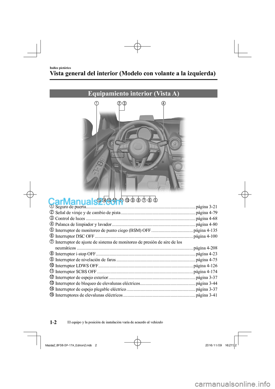 MAZDA MODEL 2 2018  Manual del propietario (in Spanish) 1–2
Indice pictórico
Vista general del interior (Modelo con volante a la izquierda)
      Equipamiento  interior  (Vista  A)
    
���
  Seguro de puerta..........................................