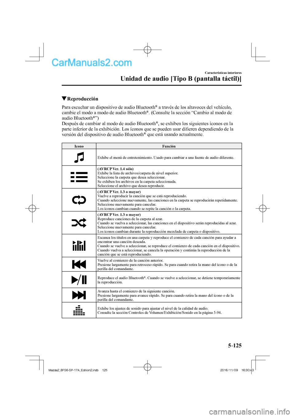 MAZDA MODEL 2 2018  Manual del propietario (in Spanish) 5–125
Características interiores
Unidad de audio [Tipo B (pantalla táctil)]
          Reproducción
    Para escuchar un dispositivo de audio Bluetooth ®  a través de los altavoces del vehículo