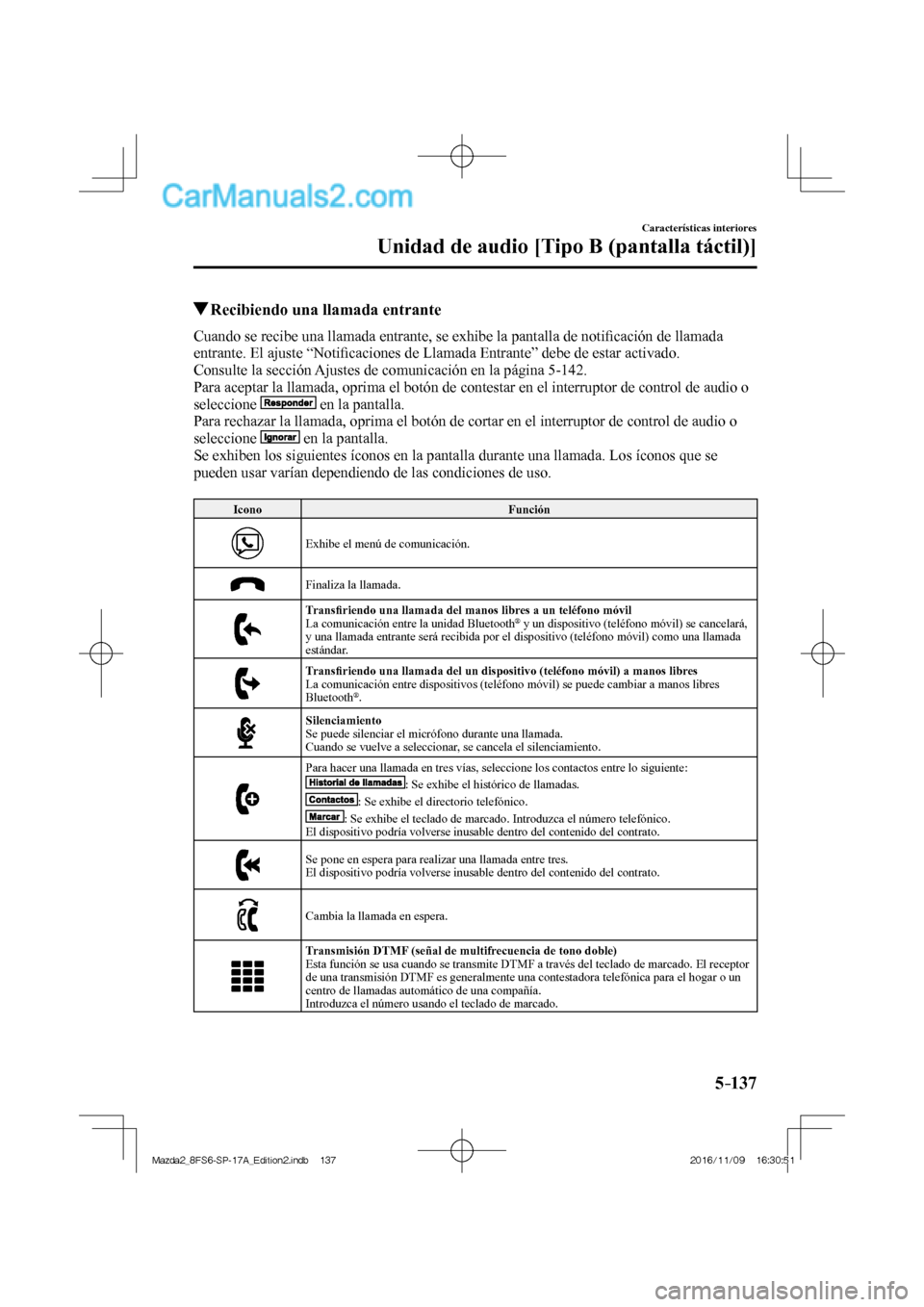 MAZDA MODEL 2 2018  Manual del propietario (in Spanish) 5–137
Características interiores
Unidad de audio [Tipo B (pantalla táctil)]
          Recibiendo una llamada entrante
    Cuando se recibe una llamada entrante, se exhibe la pantalla de notiﬁ ca