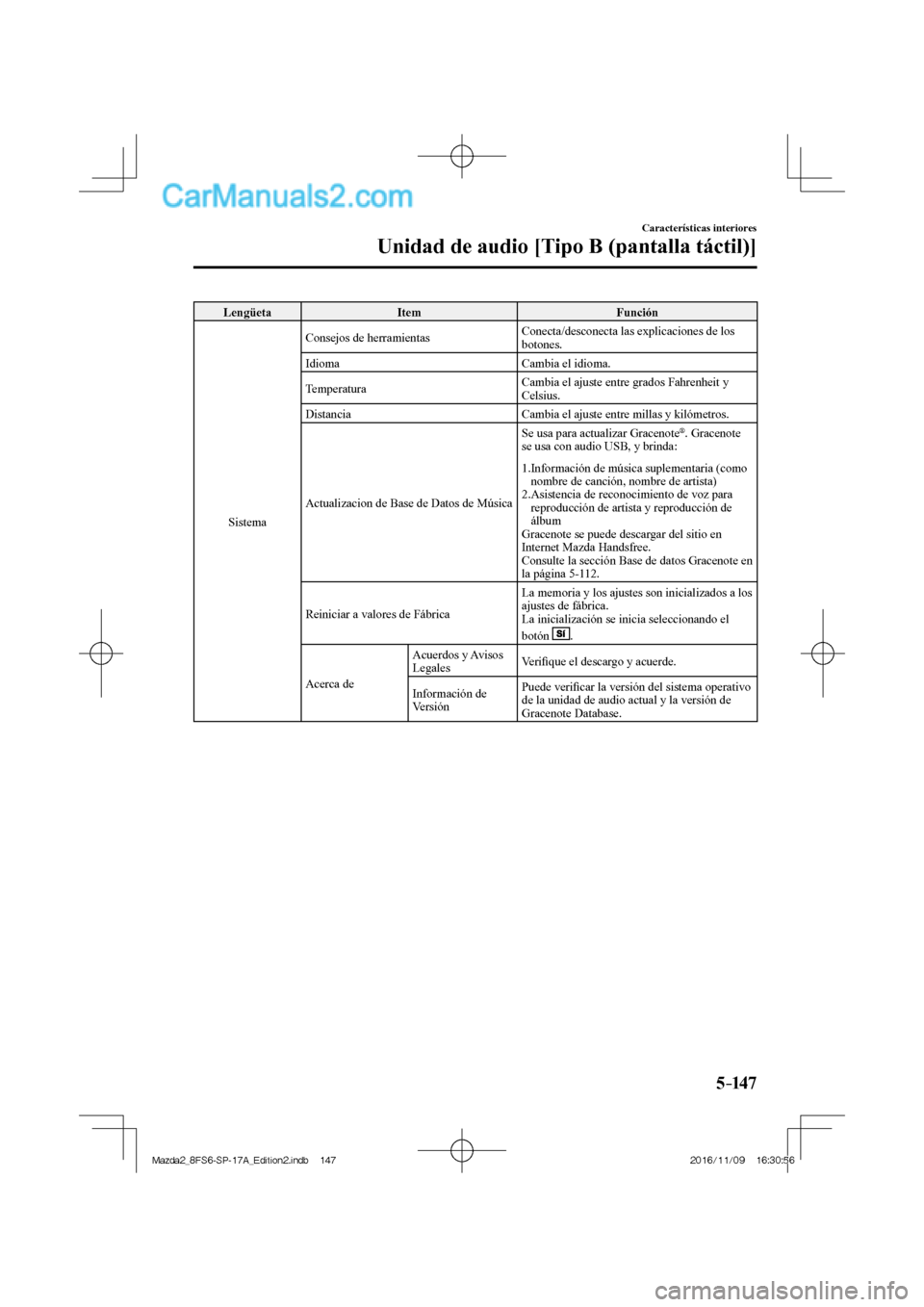 MAZDA MODEL 2 2018  Manual del propietario (in Spanish) 5–147
Características interiores
Unidad de audio [Tipo B (pantalla táctil)]
 Lengüeta   Item   Función 
 Sistema  Consejos de herramientas  Conecta/desconecta las explicaciones de los 
botones. 