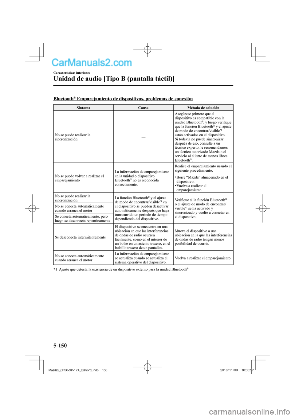 MAZDA MODEL 2 2018  Manual del propietario (in Spanish) 5–150
Características interiores
Unidad de audio [Tipo B (pantalla táctil)]
    Bluetooth ®  Emparejamiento de dispositivos, problemas de conexión
 Síntoma   Causa   Método  de  solución 
 No
