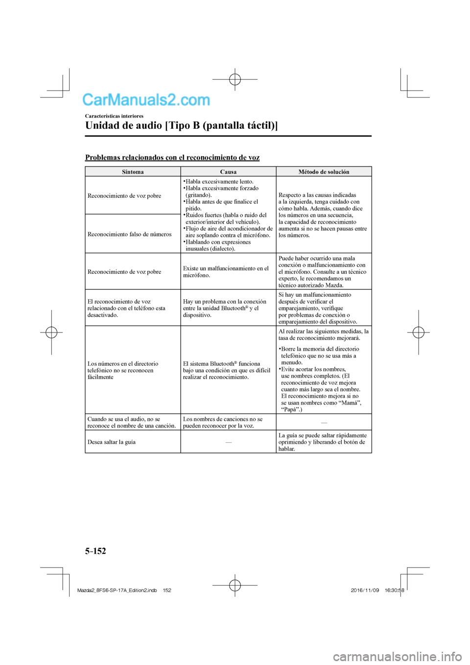 MAZDA MODEL 2 2018  Manual del propietario (in Spanish) 5–152
Características interiores
Unidad de audio [Tipo B (pantalla táctil)]
    Problemas relacionados con el reconocimiento de voz
 Síntoma   Causa   Método  de  solución 
 Reconocimiento de v